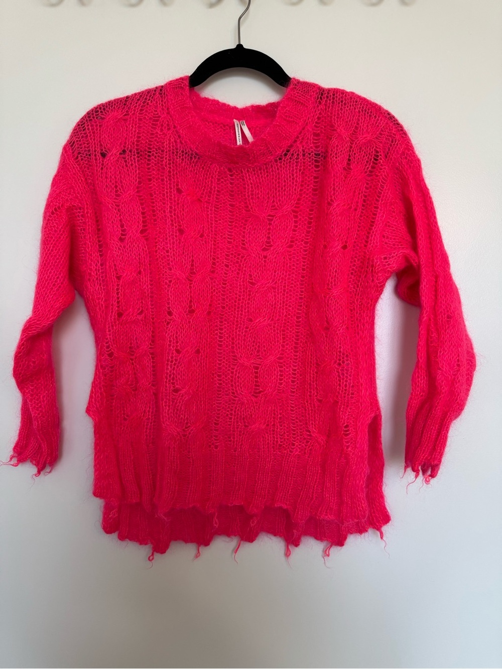 Anthropologie Neon Pink Distressed Cable-Knit Crewneck Sweater